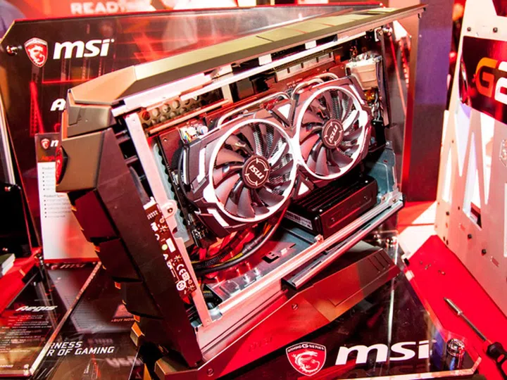 Removing the side panel will allow you to access the graphics card. You can install a full length graphics card in this system, up to an NVIDIA GeForce GTX 1080.