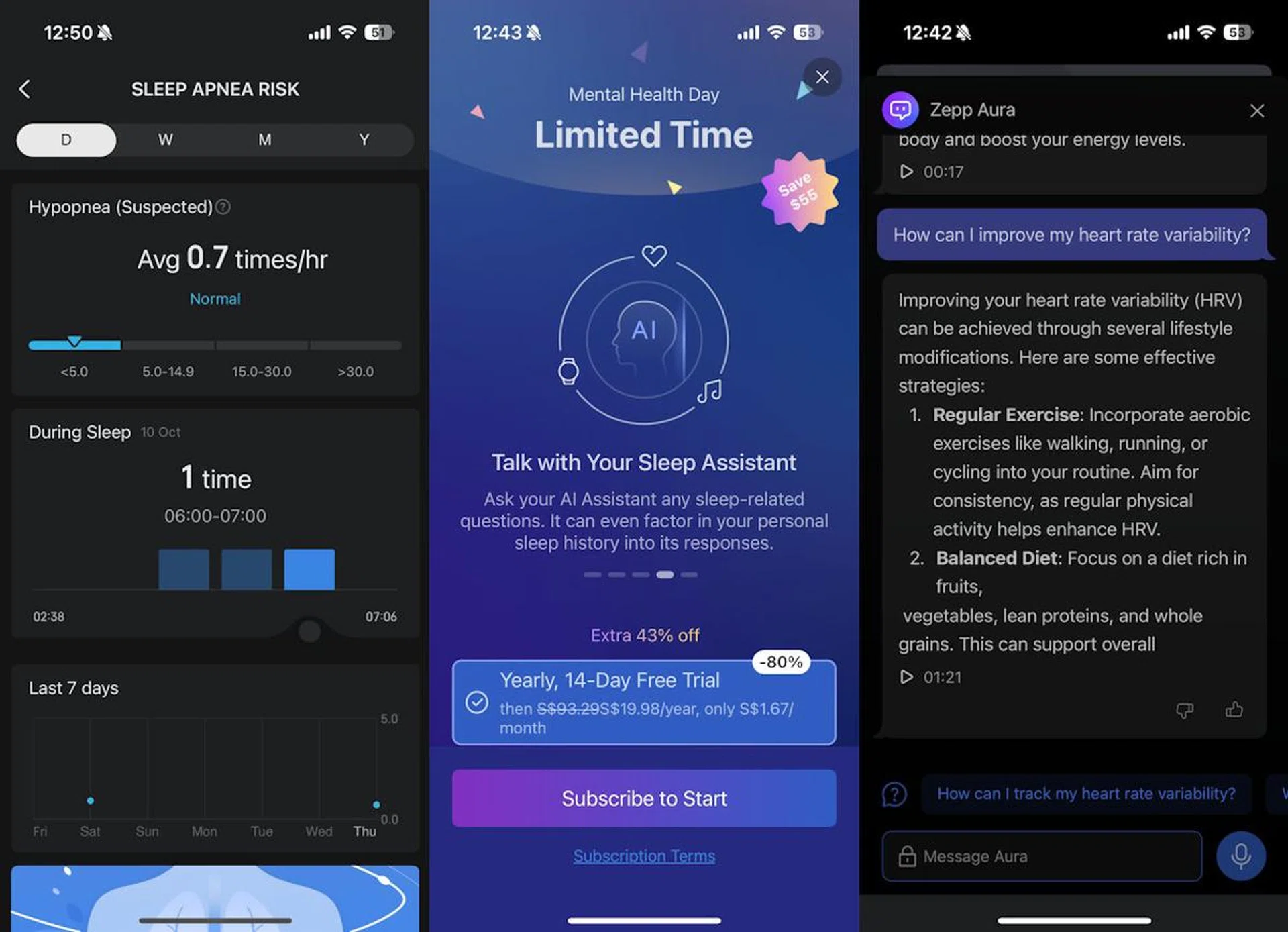 The Balance has advanced sleep tracking that includes Sleep Apnea detection by default, so the additional subscription for Zepp Aura, just to be able to ask specialised Sleep AI Assistant questions and some premium sleep sounds, seems redundant. Photo: HWZ