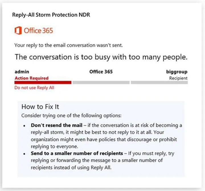 Example of the notification when Reply All Storm Protection is active. Source: Microsoft.