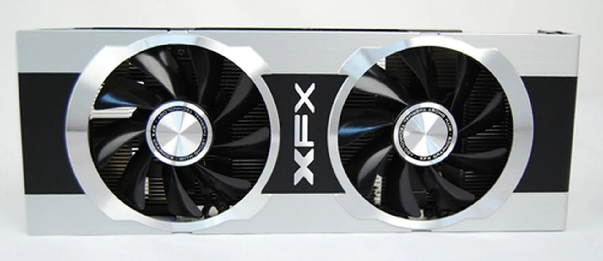 The sleek aluminum housing of  the twin 40mm fans, removed from the PCB of the card.