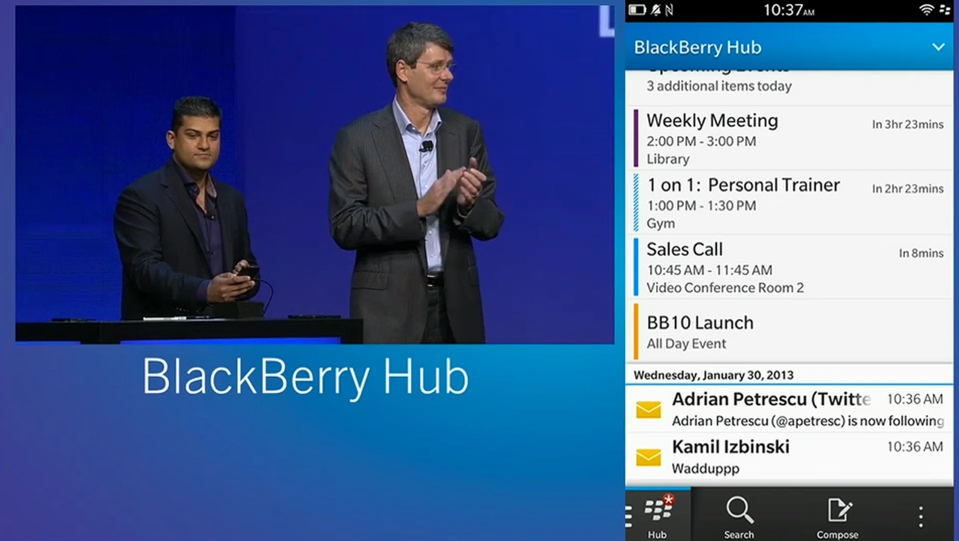 The Hub - the hive of activity on BB10. BlackBerry Hub is essentially what the People Hub is to the Windows Phone 8 platform. In here, you get all your connections in one place, be it your emails, contacts, Facebook, LinkedIn or Twitter.