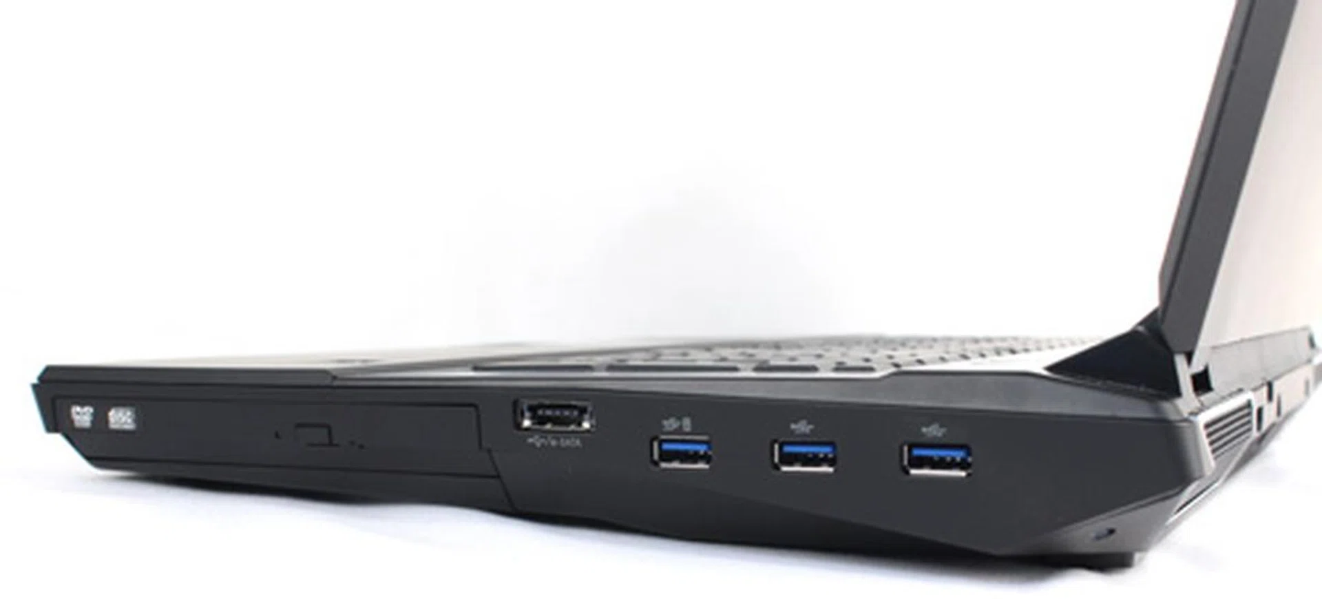 Three USB 3.0 ports, an e-SATA/USB 3.0 combo port, and a DVD rewritable optical drive are found on the right-side.