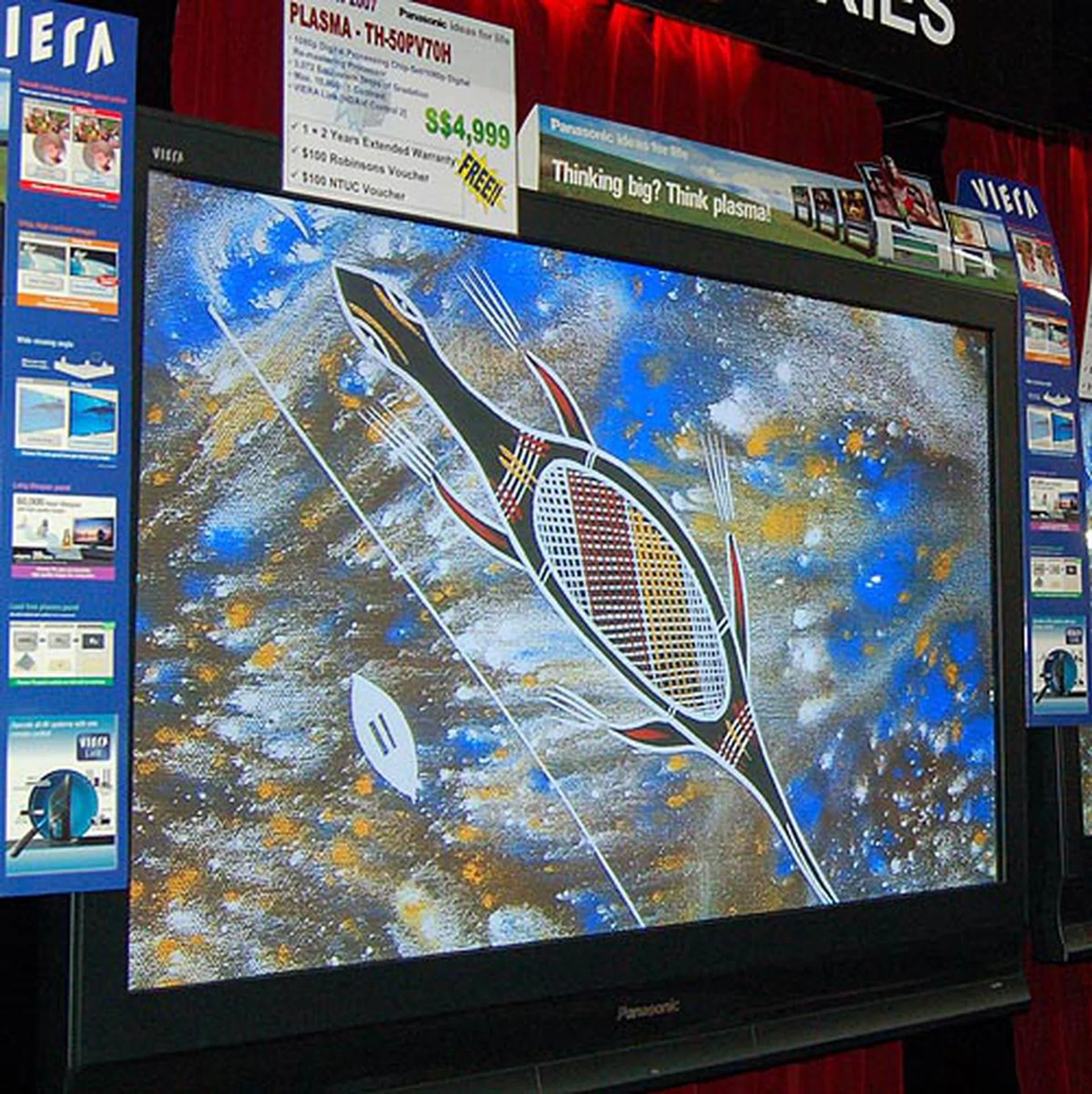  The Panasonic Plasma TH-50PV70H is going only for $4999 and has a $100 Robinsons voucher and $100 NTUC voucher thrown in free.  