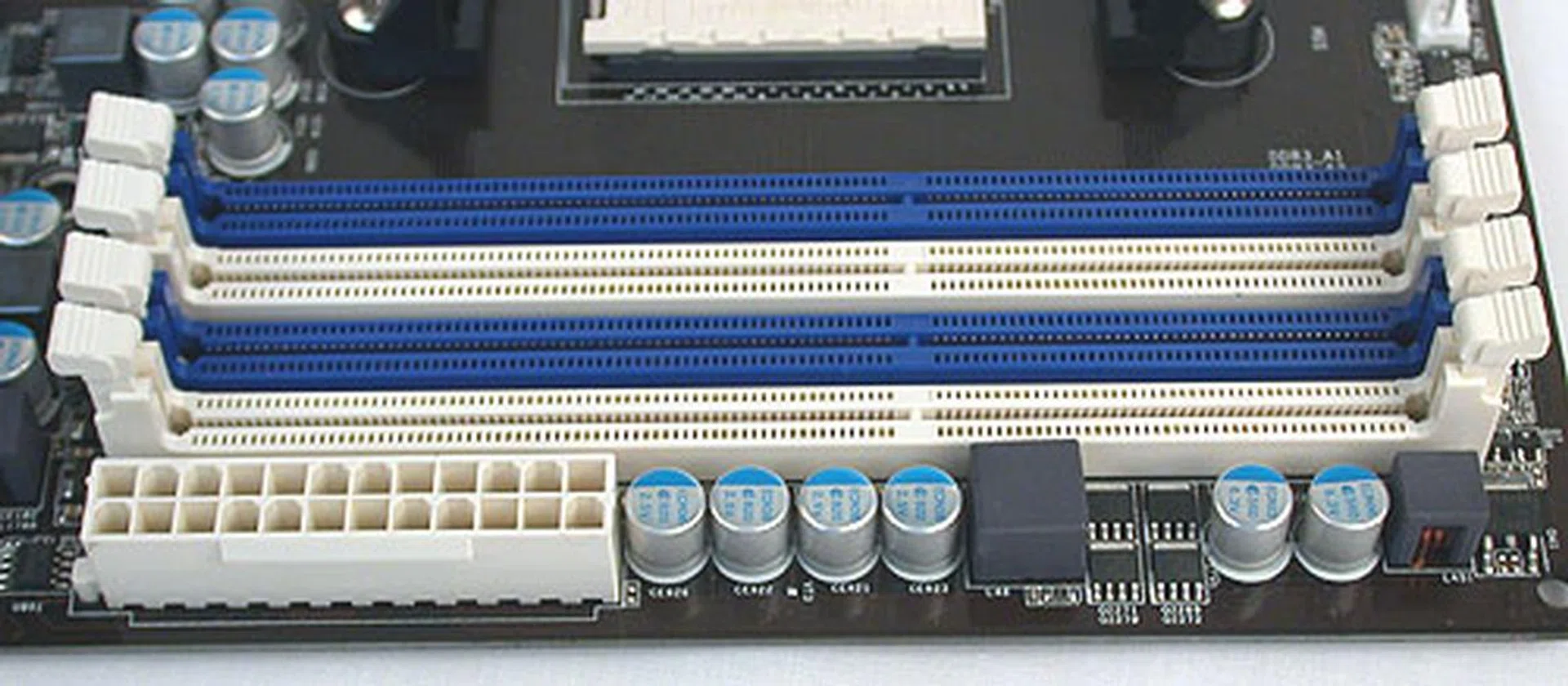 There's nothing unusual with the four DIMM slots, which support up to DDR3-2500MHz (overclocked) and up to 32GB in total capacity. 