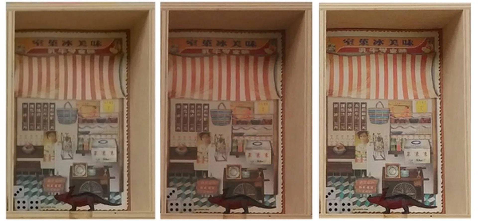 From left to right: HTC Butterfly 2, HTC One (E8) and LG G3. <br> Photos taken under normal room lighting conditions in Normal mode. <br> The LG G3 has the edge here with sharper details as seen in the Chinese words. It's hard to determine a winner between the Butterfly 2 and One (E8), but the One (E8) seems to have a slight upper hand with more color saturation. Text is also a tad more crisp. <br> Click to view the enlarged image.
