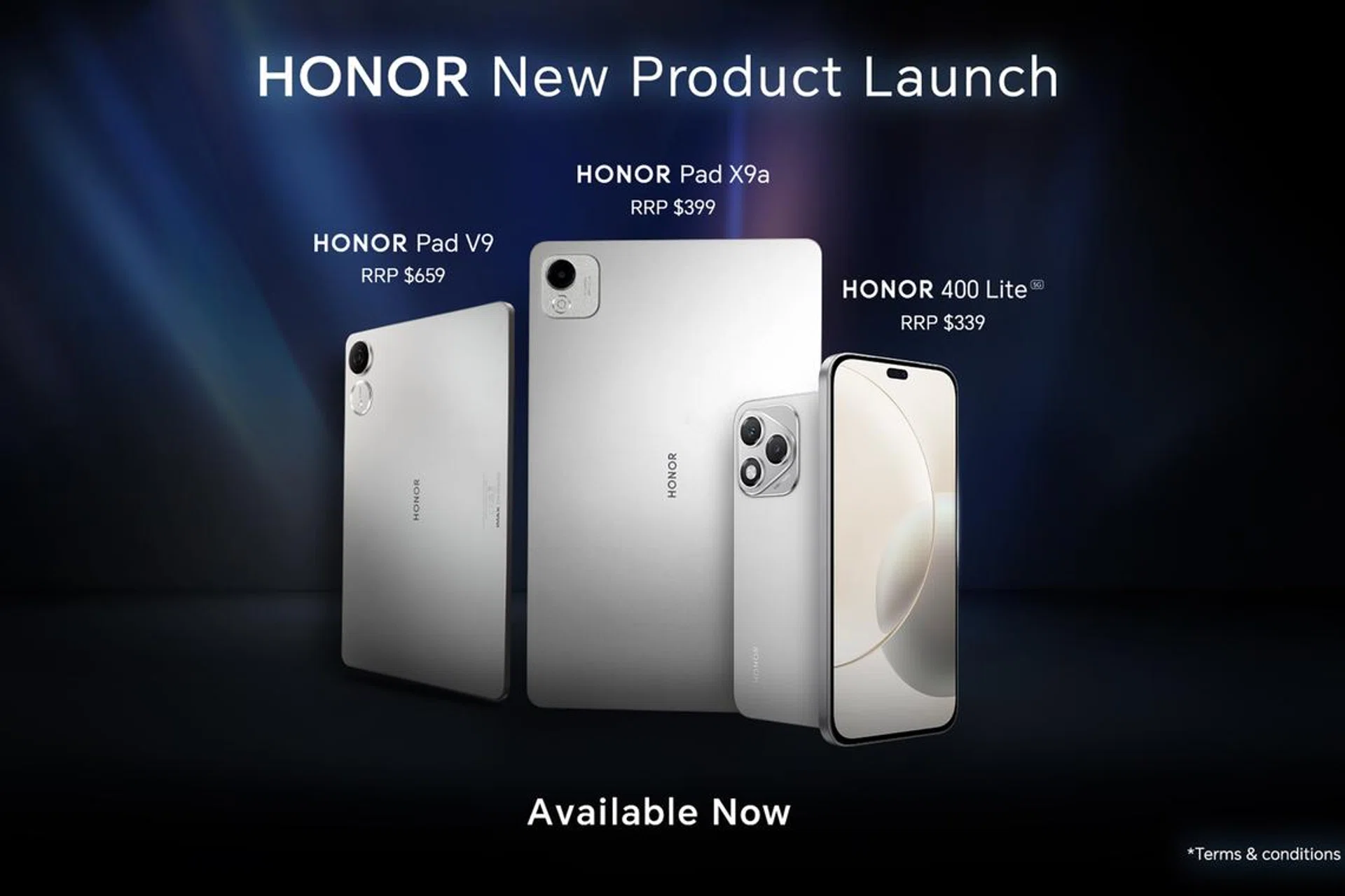 (L to R): Honor Pad V9, Honor Pad X9a, and the smartphone Honor 400 Lite. Image: Honor.