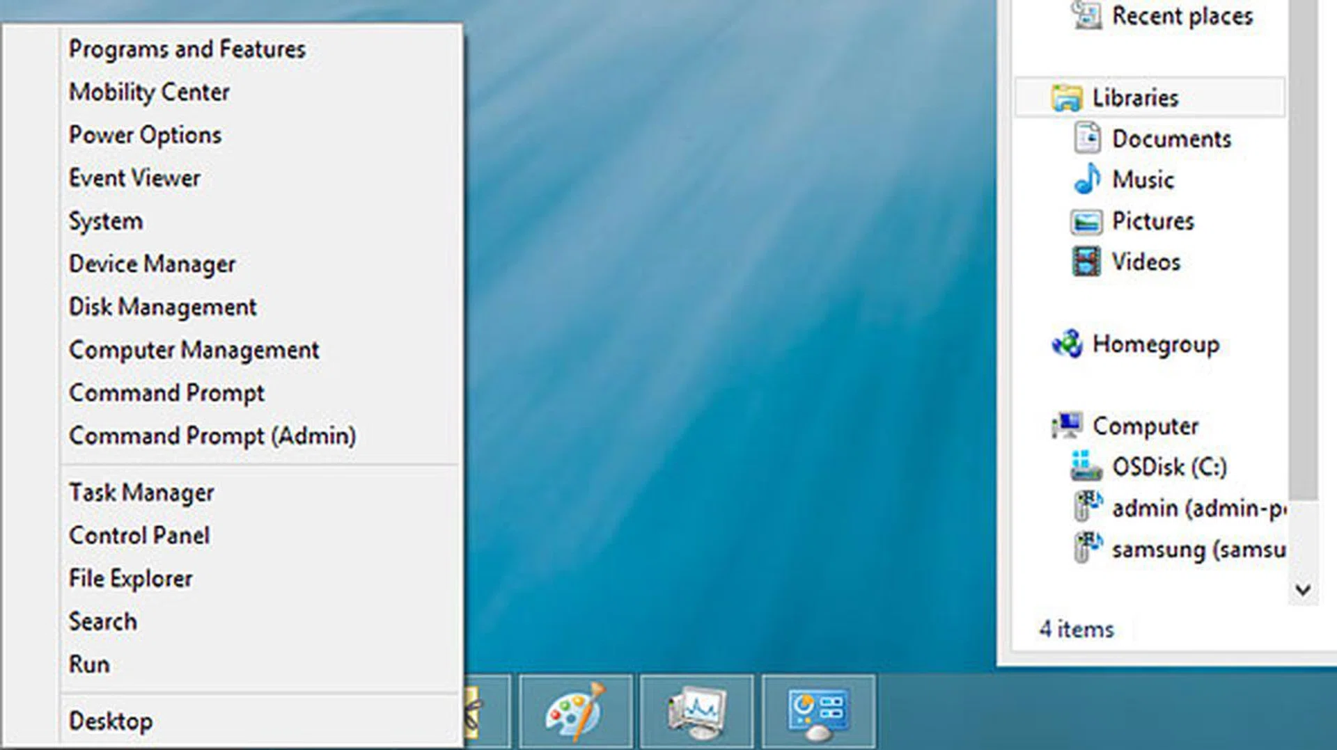 A quick way to get to the Control Panel, Device Manager, and Task Manager is to right-click at the bottom left corner to bring up this menu.