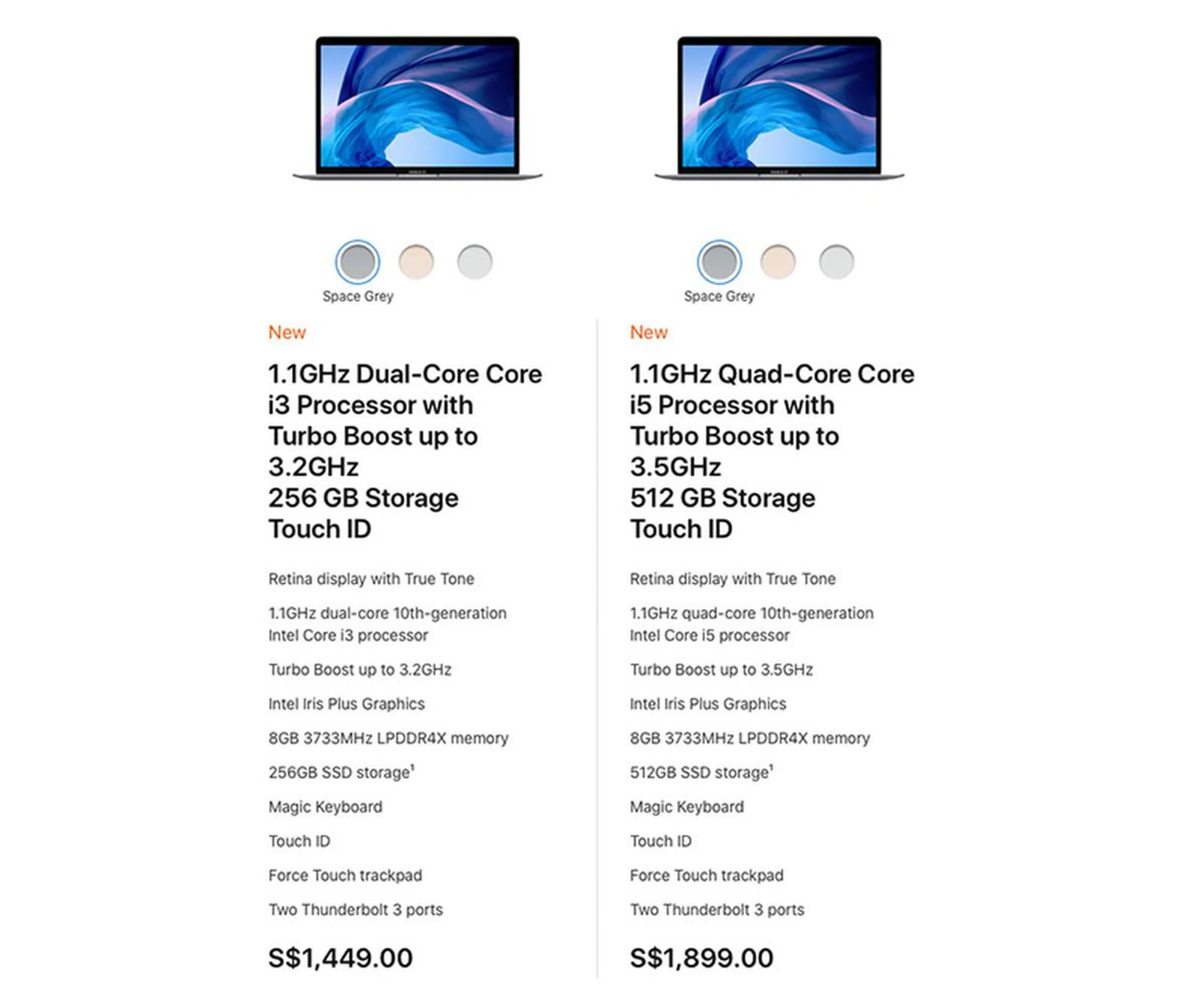 The latest MacBook Air is available in two off-the-shelf configurations. If more performance is required, you can customise the processor, memory, and storage.
