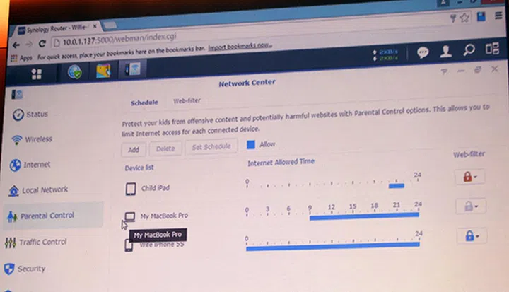 The Synology RT1900ac router's parental control interface is one of the most extensive that we have seen.