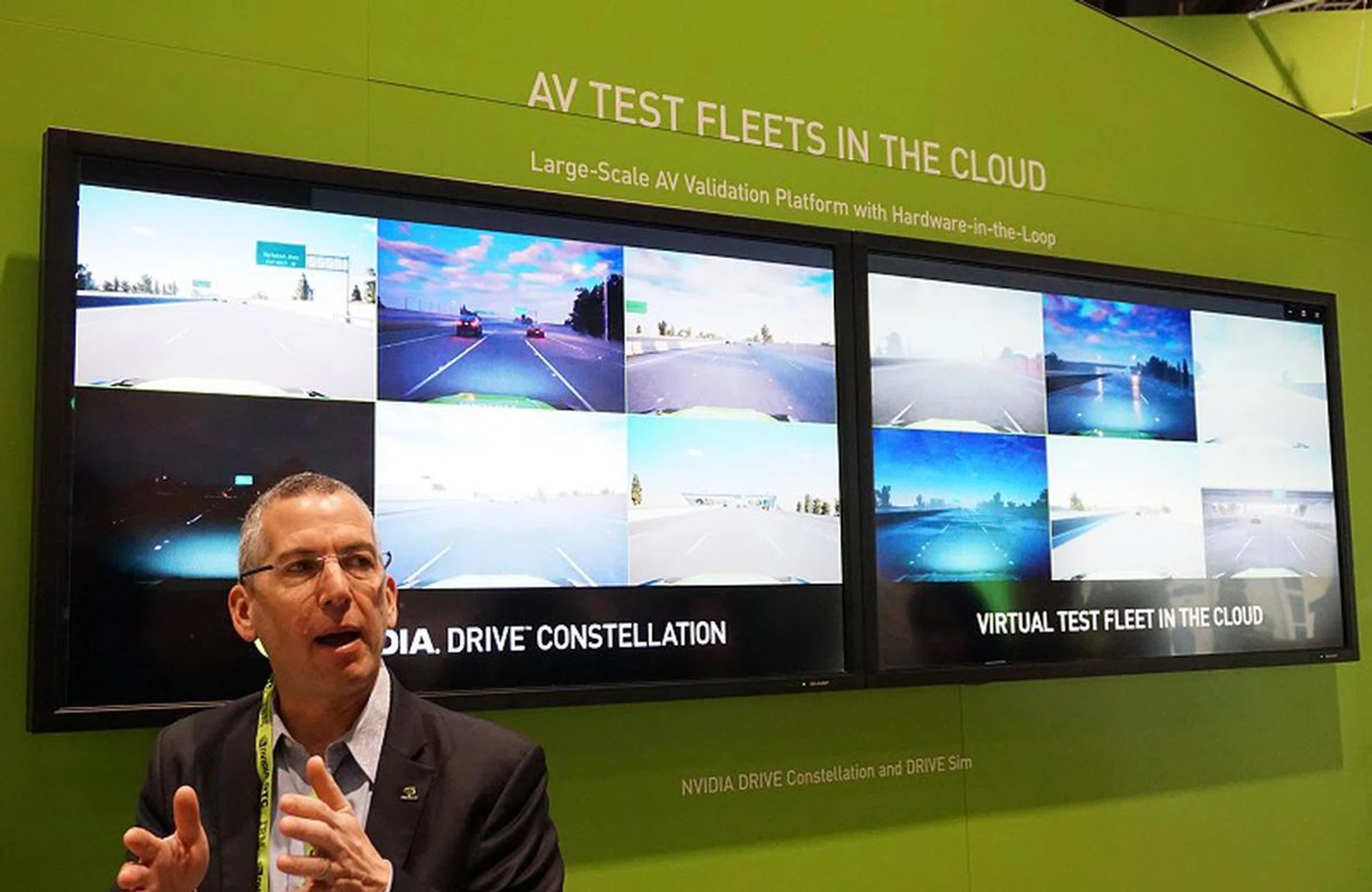 Danny Shapiro, NVIDIA's Senior Director of Automotive, was personally giving the media a runthrough of how the Drive Constellation and Drive Sim work hand-in-hand for their new autonmous vehicle validation system.