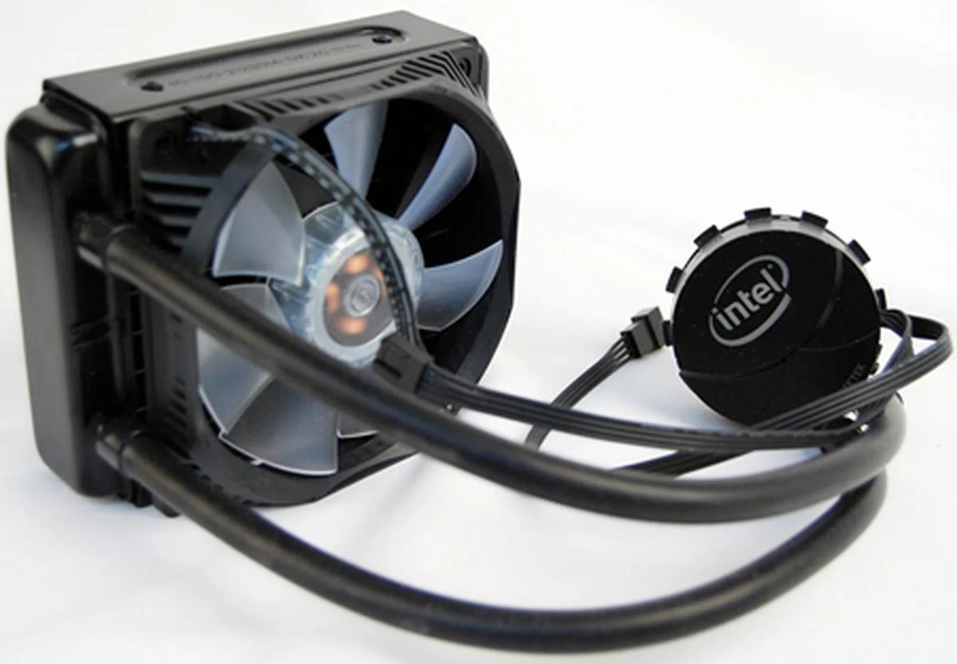 The Intel RTS2011LC liquid cooling solution manufactured by Asetek. The installation process was rather straight forward as we utilized one mounting bracket and four corresponding screws to secure the copper base of the water block to the CPU. Instructions were sparse, but we could deduce how to put them together on our own.