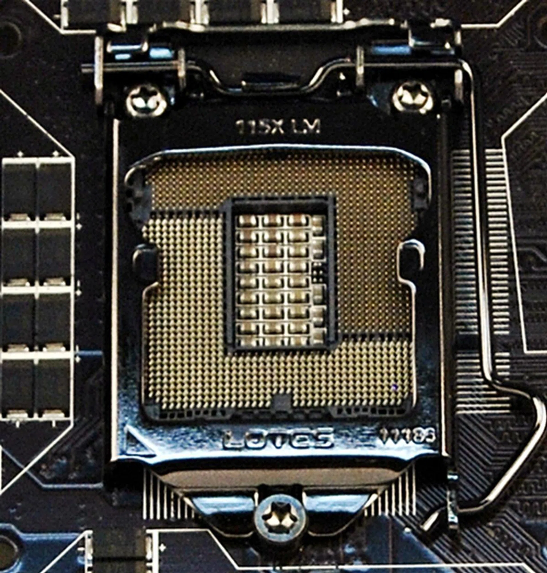 At a glance, the LGA1155 CPU socket is clear of obstructions; however, enthusiasts' (read large and beefy) CPU coolers will encroach on the nearer DIMM slots.