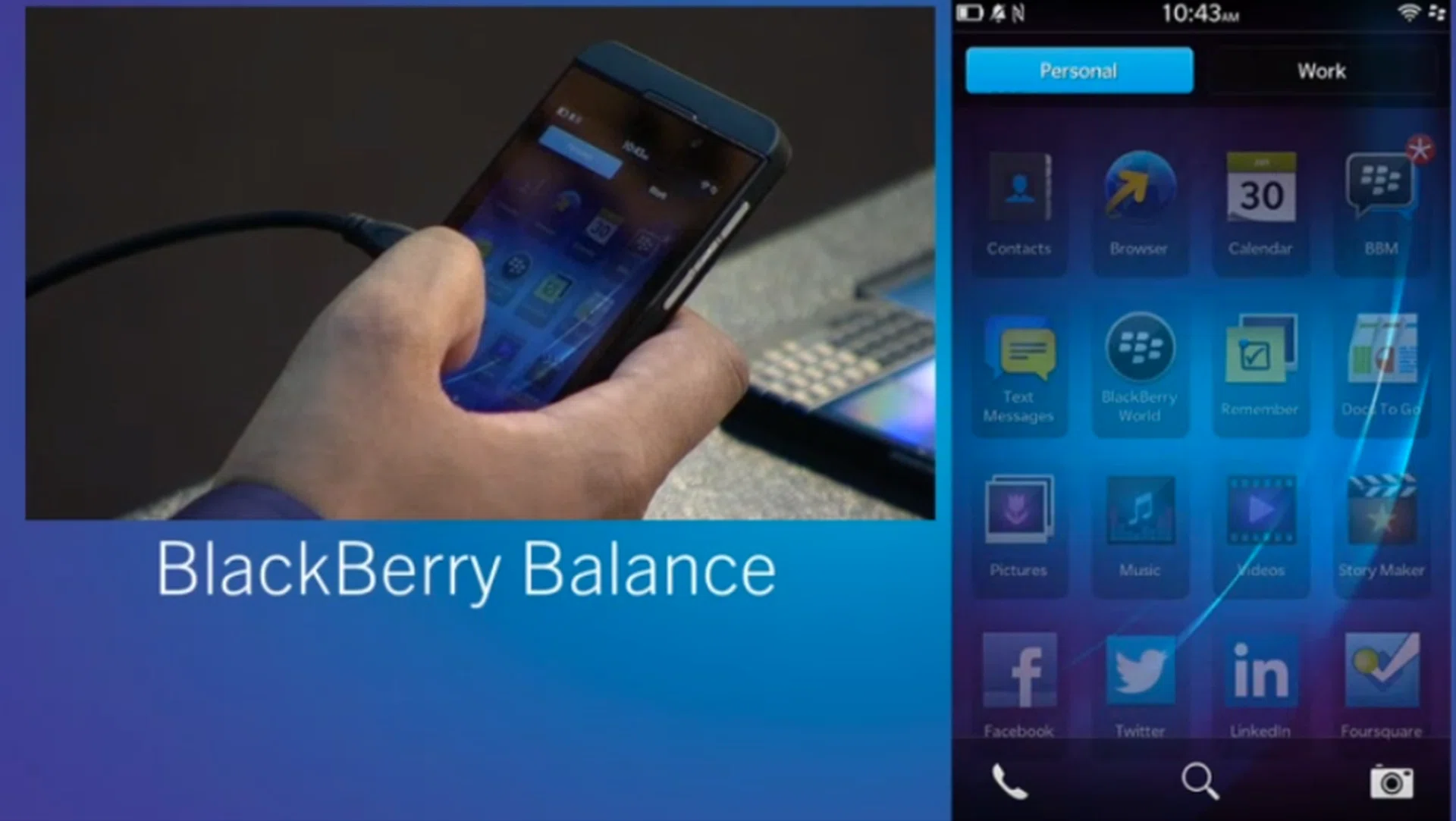 In a bid to extend its diminishing stronghold on entreprise services, BlackBerry 10 comes with BlackBerry Balance, a feature that allows you to switch from personal to work profile with a single swipe. 