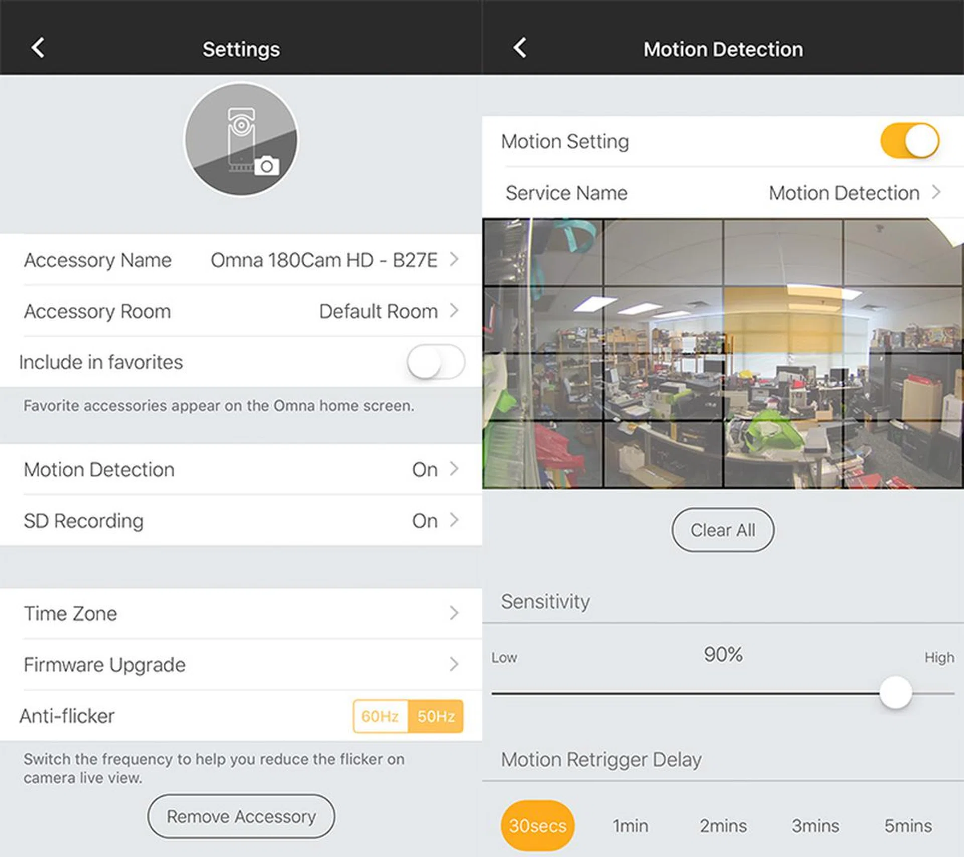 The Omna app will let you define motion zones and re-trigger delays.