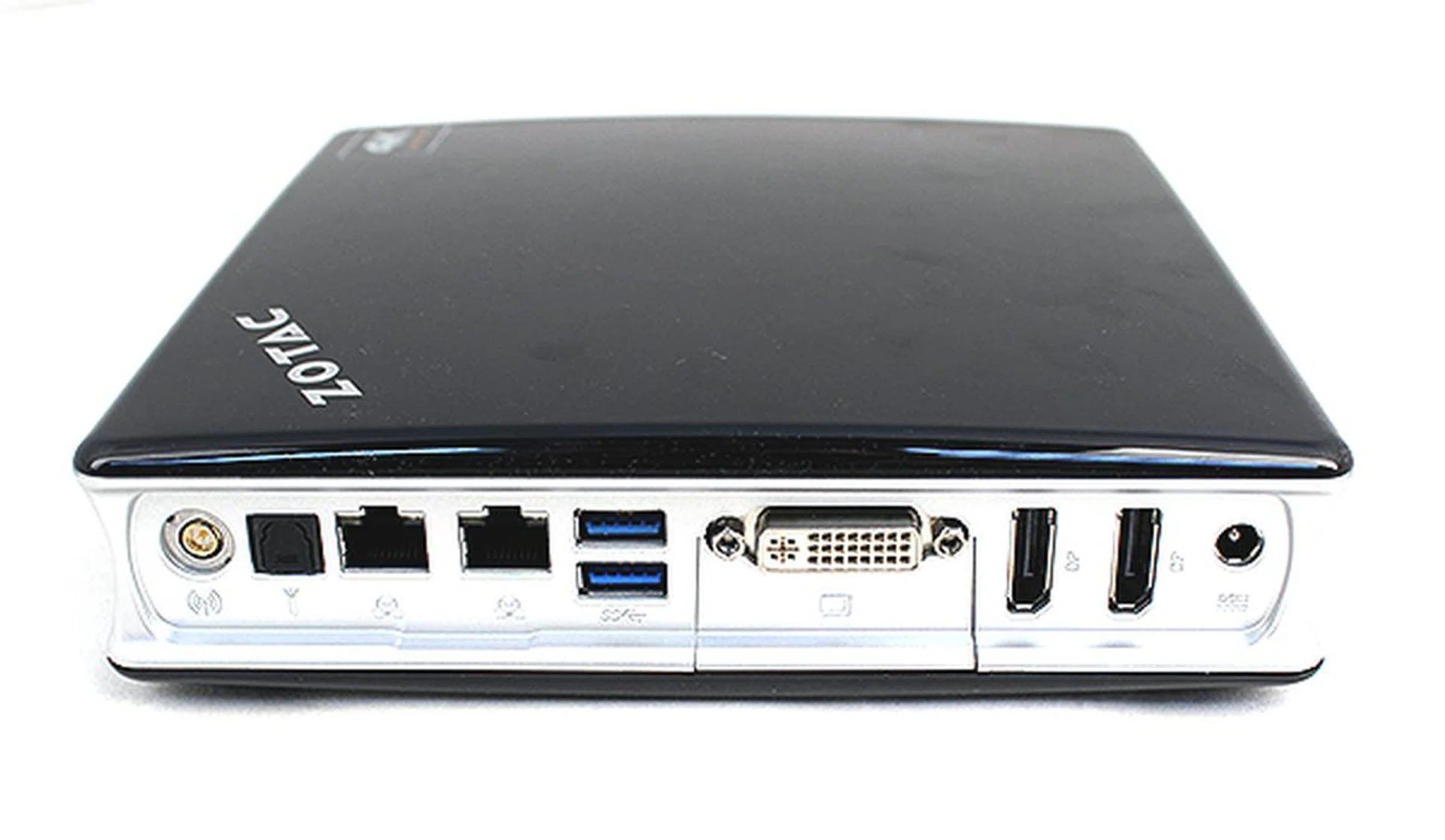 From left to right: Wi-Fi antennae jack, S/PDIF optical jack, two Gigabit Ethernet ports, two USB 3.0 ports, DVI port, dual DisplayPorts and a DC-in jack.