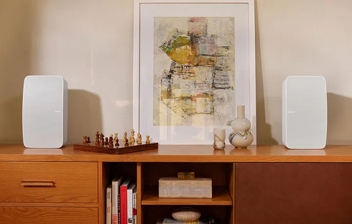Two Sonos Five speakers in a paired setup for the living room.