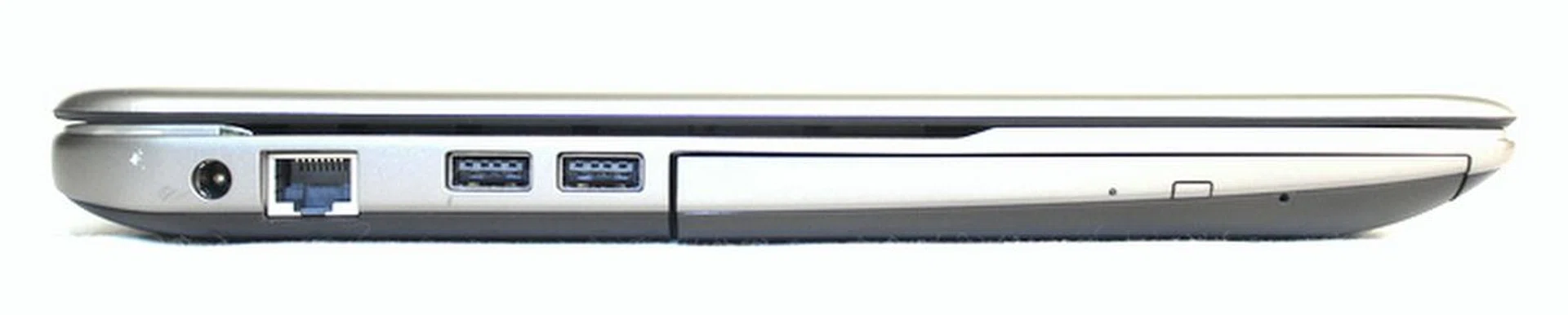 On the left side of the machine, there are two USB 2.0 ports for peripherals, an RJ45 LAN port, and a DVD optical drive. 