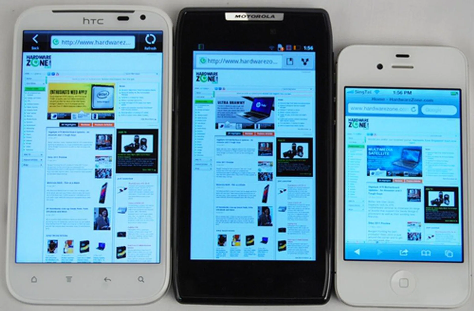 The difference in viewing experience between the HTC Sensation XL (left) and Motorola Razr (center) is minimal. However, we cannot say the same for the Apple iPhone 4S (right) which has a smaller 3.5-inch display.