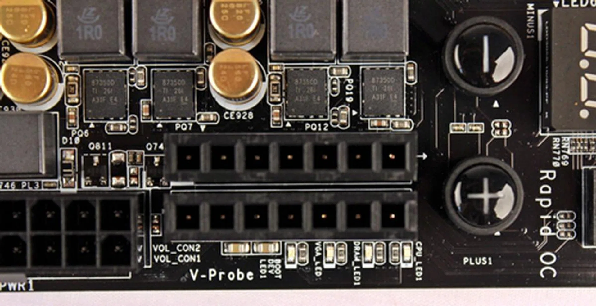 Up close are the the V-Probe voltage test points; there is a set of indicative LEDs for CPU, DRAM and VGA for quick troubleshooting of suspected faulty components.