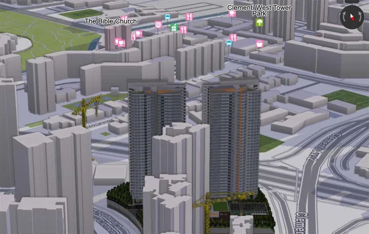The upcoming Clavon condominium in Clementi, facing south and with the time set to 18:00. Amentities are shown through icons. (Screenshot: Mogul.sg 3D map) 