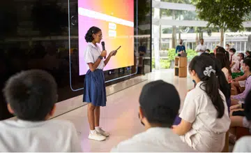 A student from Presbyterian High School presenting their app, Chater, to audiences at the Swift Explorers Singapore celebration at Apple Marina Bay Sands. PHOTO: APPLE