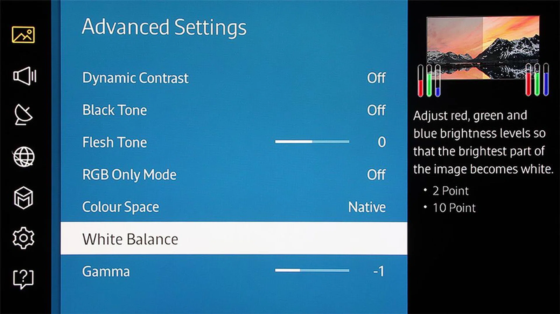 There's a 10-point white balance system that divides red, green, and blue into 10 sections each, allowing advanced users to finetune to their hearts' content.