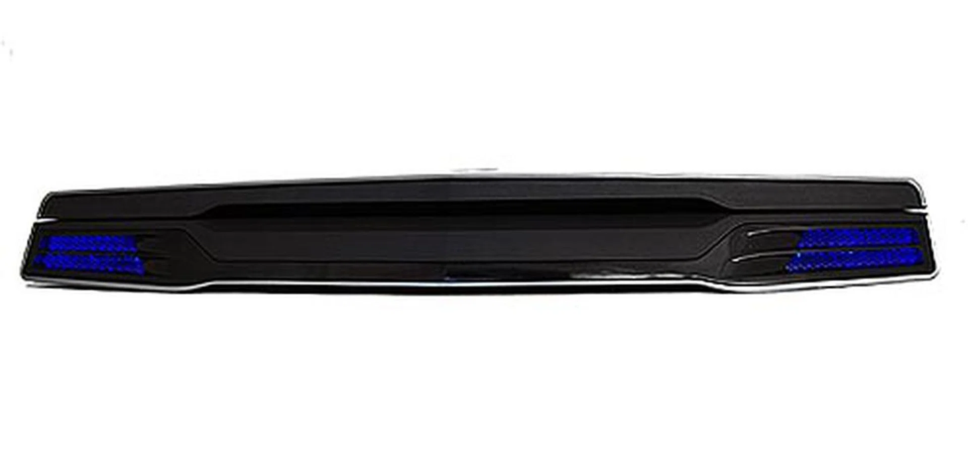 The front of the unit keeps it clean, and you can see how chunky the unit is. The two glowing blue LED-lighted areas are where the speakers are located.