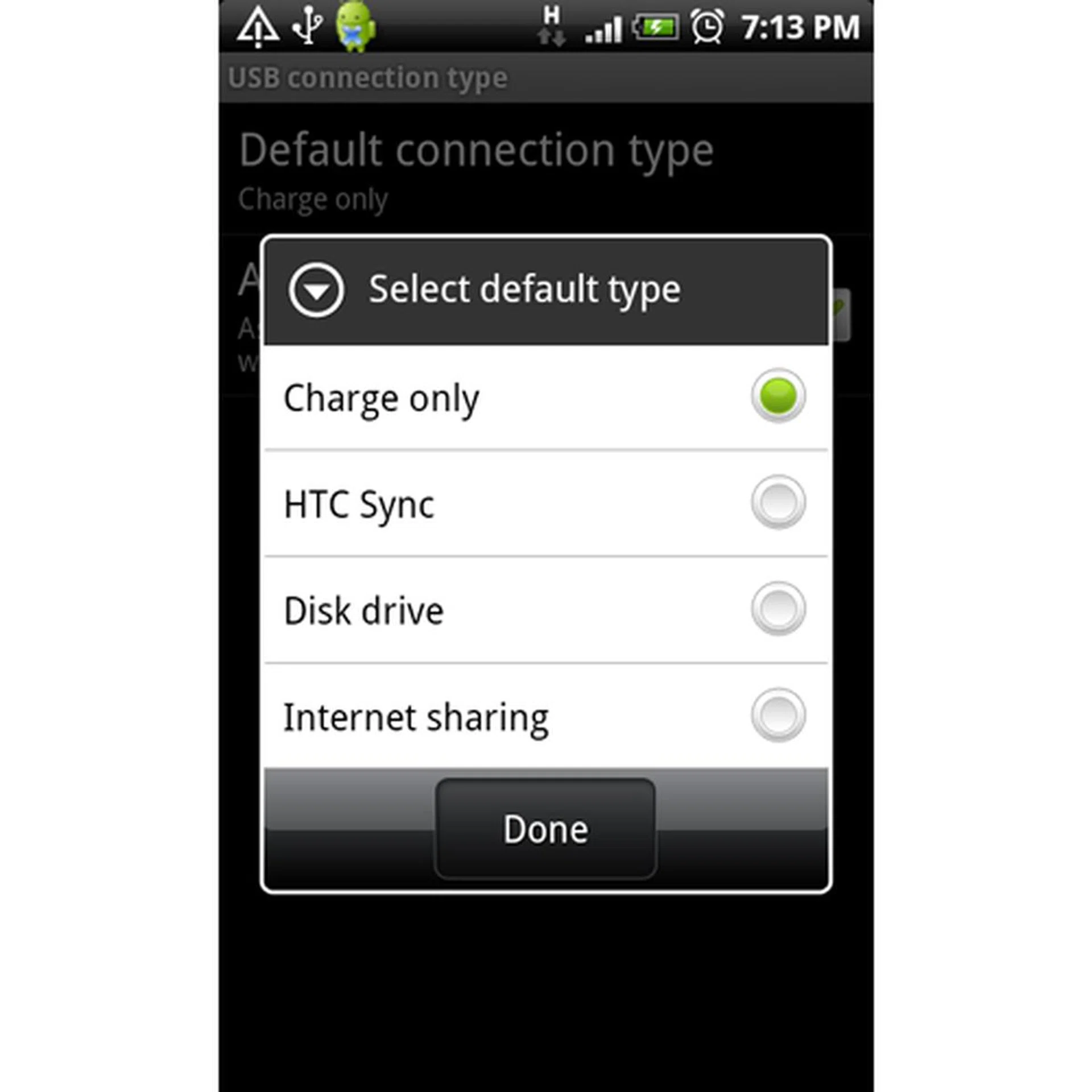 Choose to either let the connection charge the Desire, synchronize with your PC or share your cellular data with your PC.