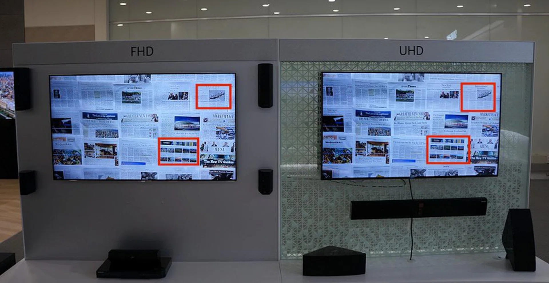 Text rendering face-off between a Full HD and UHD TV with fine print displayed to exaggerate the proficiency of the latter TV. The highlighted areas on the screen are where we'll be scrutinizing by taking a photo at fixed distance in front of the TV.