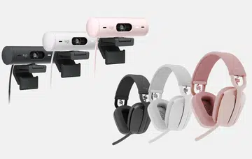 The Brio 500 Series Webcams and Zone Vibe Headphone come in three colours, graphite, off-white, and rose. Image source: Logitech. 