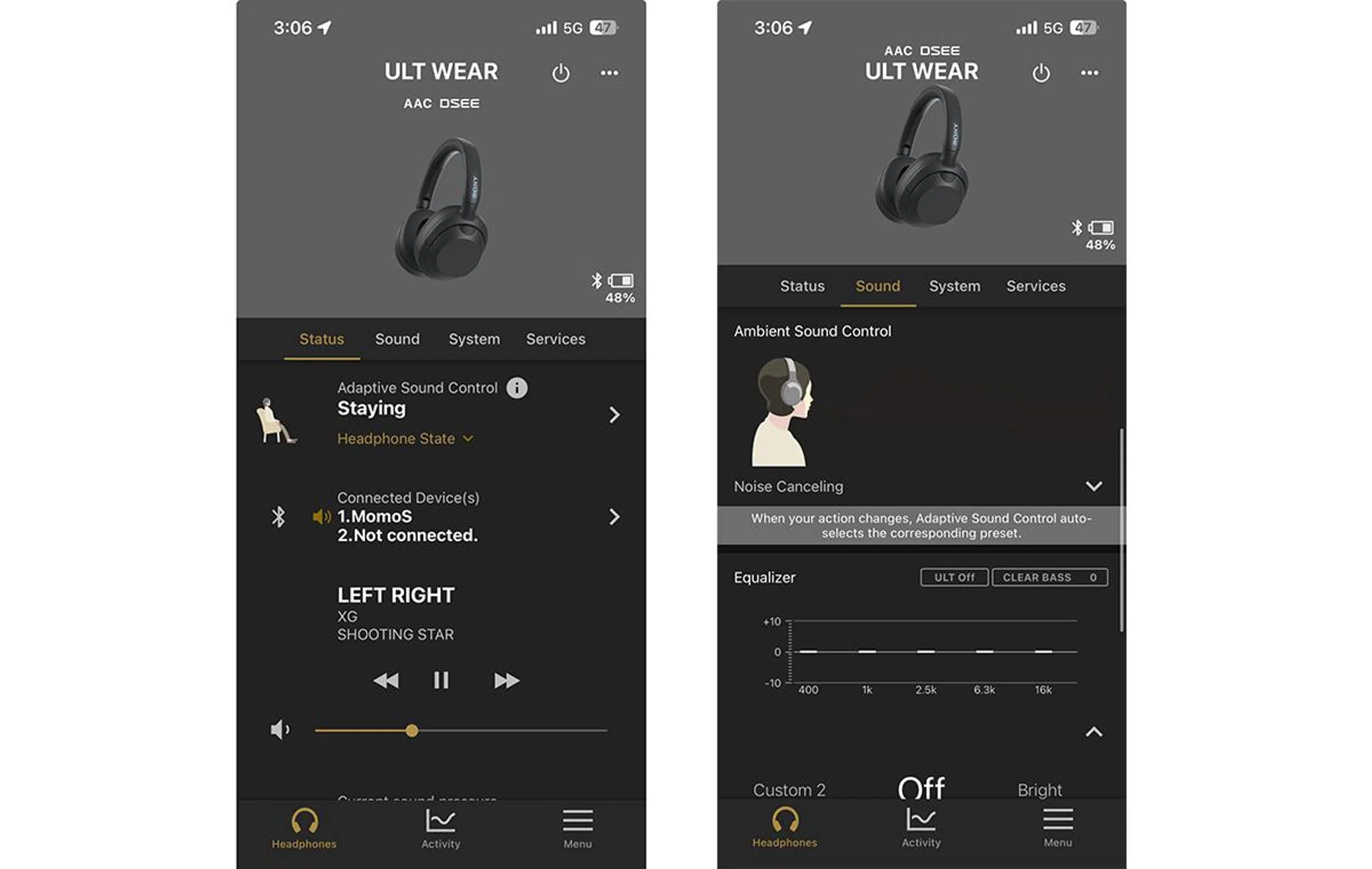 Battery life, EQ, and playback controls are available.
