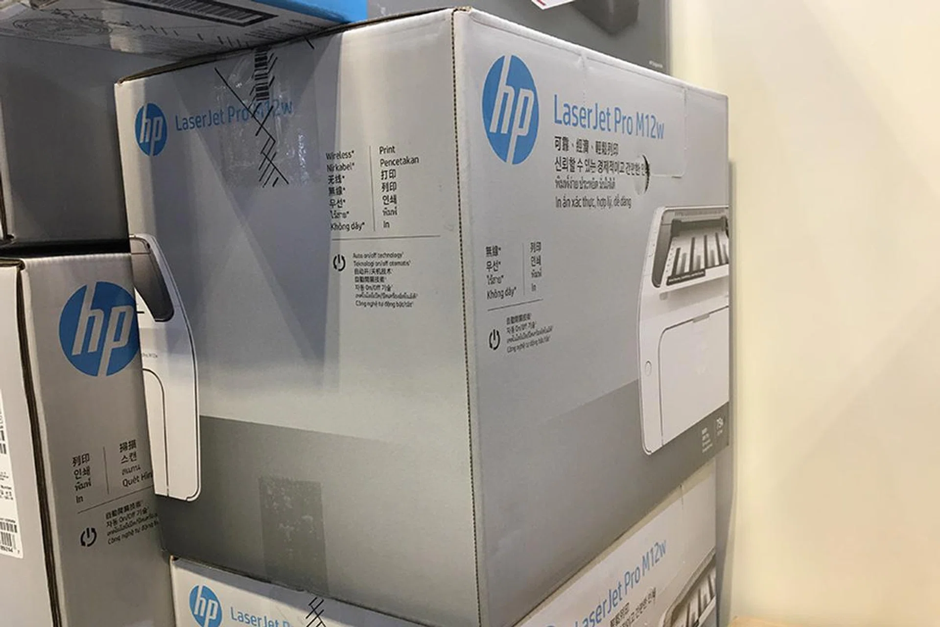 It was still in the box when we got there, but this is the new LaserJet Pro M12w, a low-cost, single-function mono laser printer that prints at a speed of up to 18ppm (B&W). It supports Wi-Fi and mobile printing, too. Going for just $99. Nice.