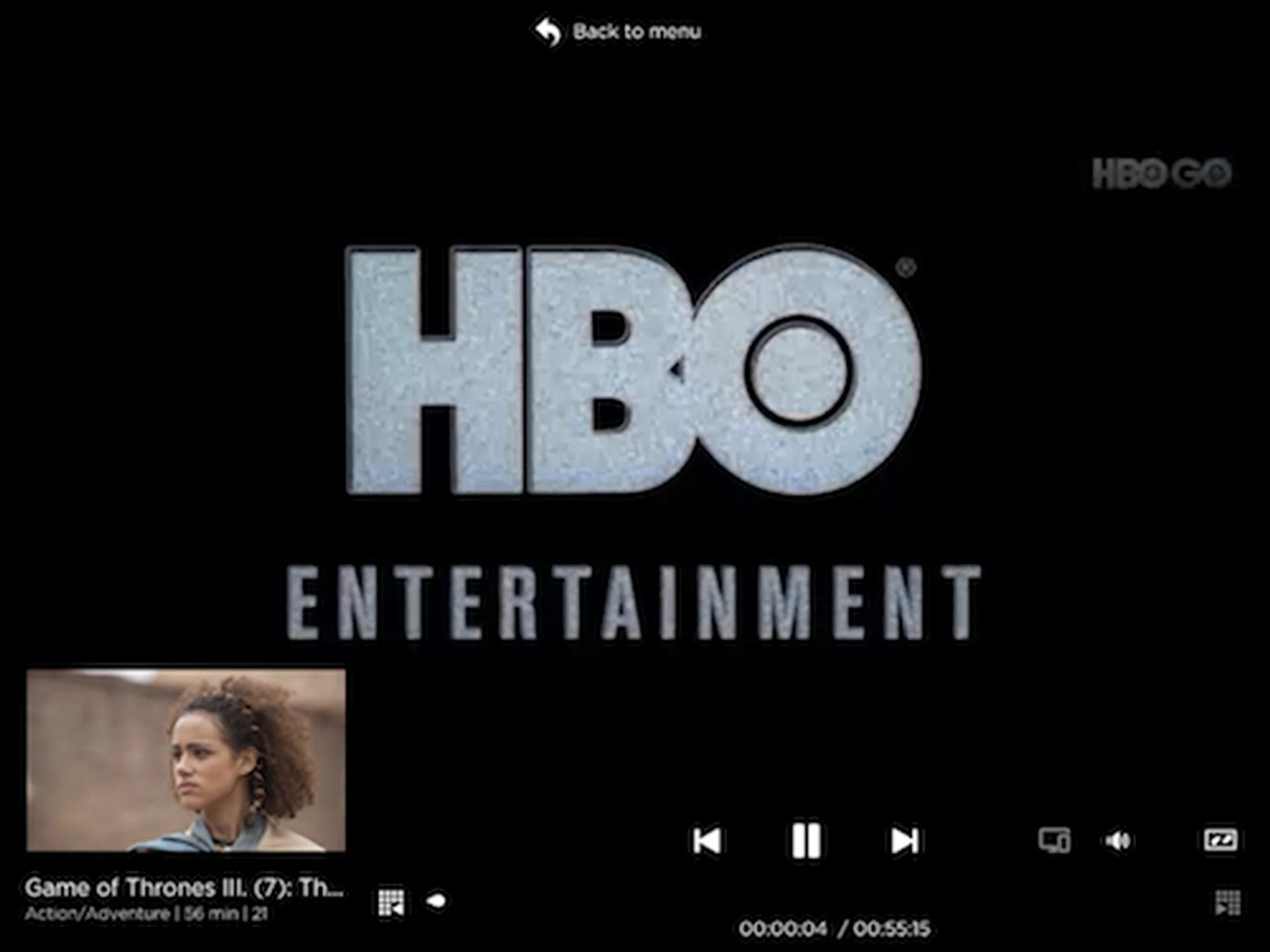 The HBO GO App main viewing screen lets you skip from Episode to Episode with a little window preview below, so that you do not need to jump back and forth between screens.