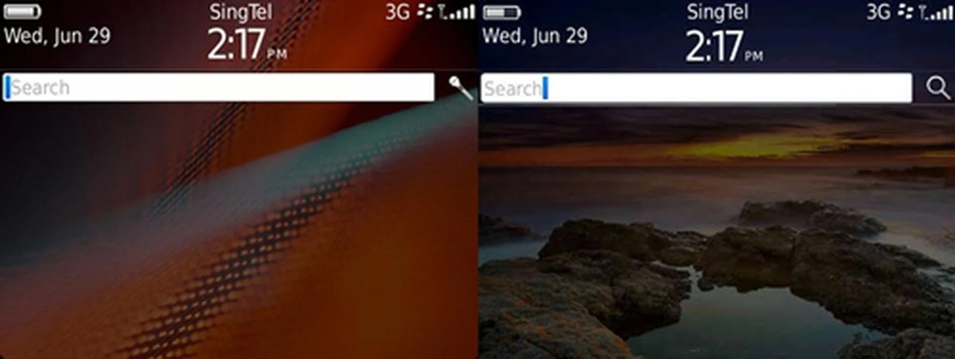 An important improvement seen in the BlackBerry 7 OS is the inclusion of voice activated search (left). The Universal Search interface on the new OS features a microphone on the right of the search bar where you can tap and activate the voice search function.