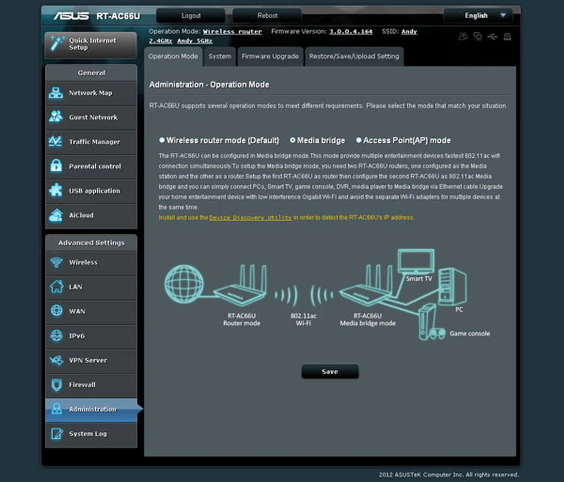The RT-AC66U supports three basic network operational modes: router, media bridge, and access point. The media bridge mode uses the 5GHz (802.11ac) band by default.