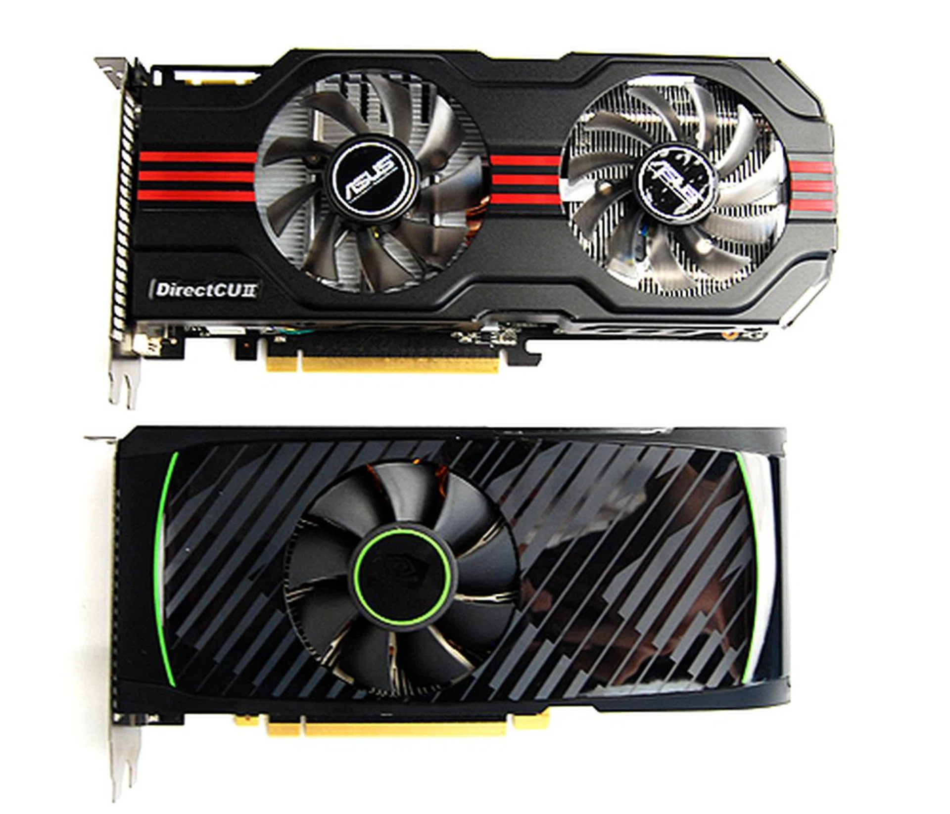Thanks to the massive DirectCU II cooler, the ASUS card is longer than NVIDIA's reference design.
