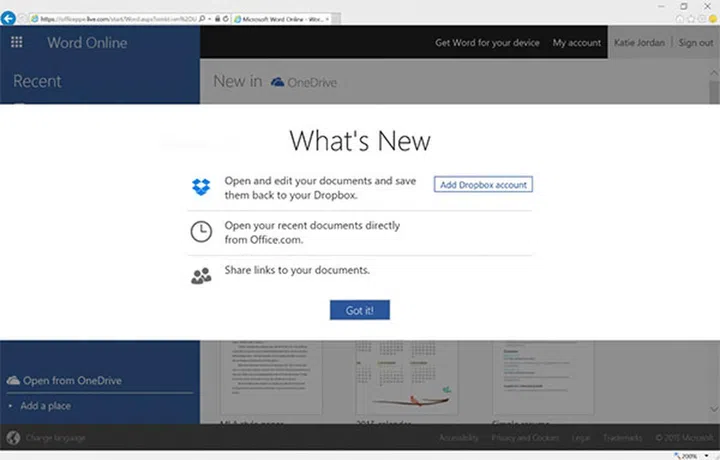 You can now add your Dropbox account to Office Online. (Image source: Microsoft.)