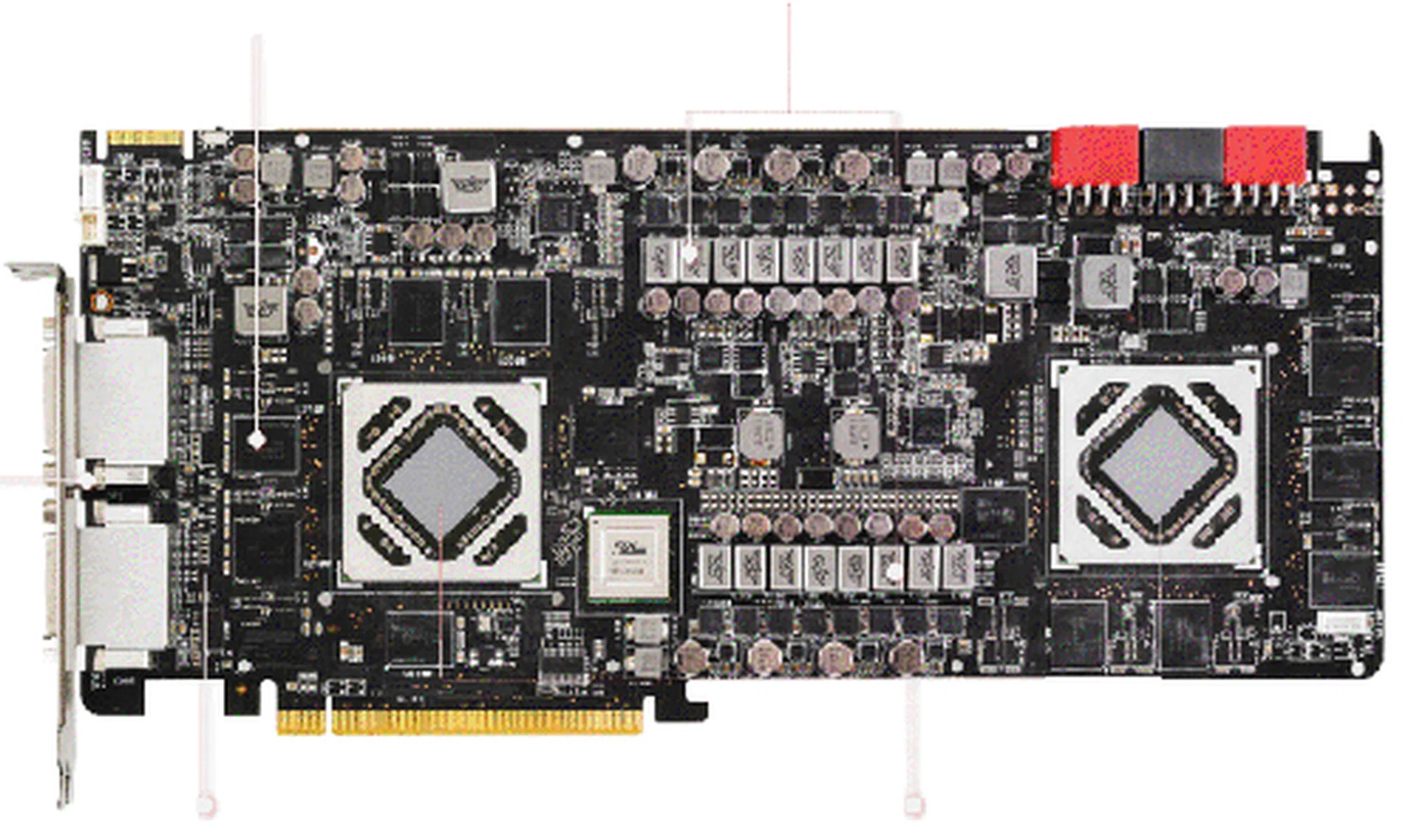 A look at the ARES II's custom PCB - as you can see, the power delivery elements are positioned between the GPUs, directly under the 80mm housing fan.