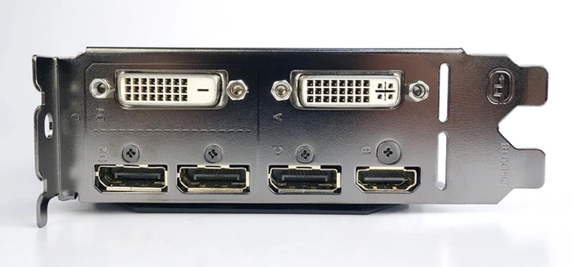 There are two dual-link DVI ports; one DVI-I, the other is DVI-D. The three DisplayPort ports are lined up and the lone HDMI port brings up the rear of the queue.