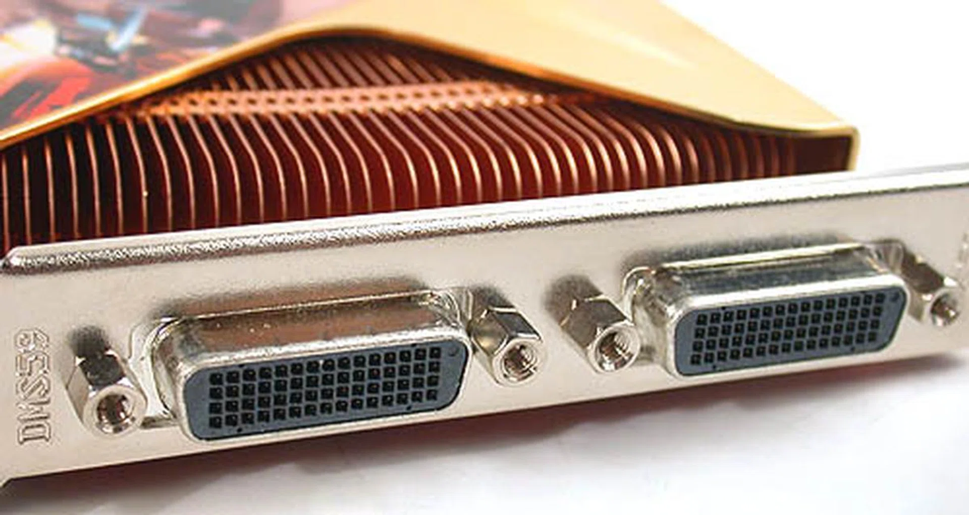 In order to preserve the two sets of dual, dual-link DVI connections on this card, GeCube has used these DMS59 connectors and cables, each of which can support two DVI outputs. 