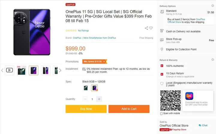 OnePlus 11 Lazada listing.