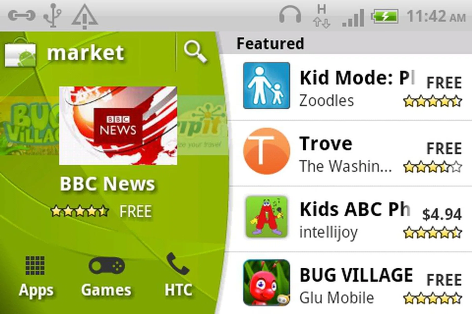 The Android Market interface sees a slight rearrangement of the Featured section to the side.