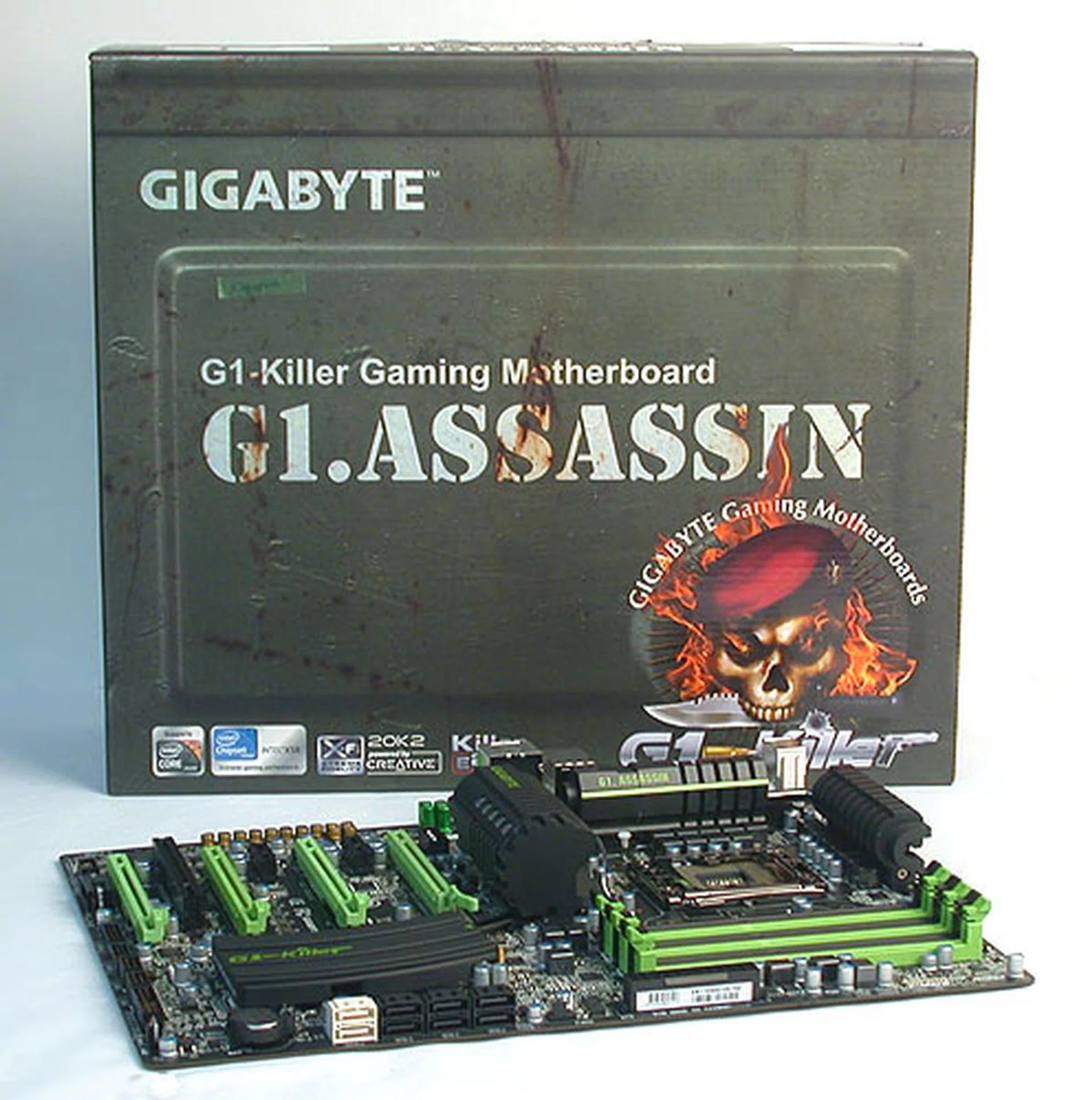 Green and matte black makes a nice change from Gigabyte's usual colors. Gigabyte has gone all cosplay on us with heatsinks that are sculpted to look like parts of a rifle.