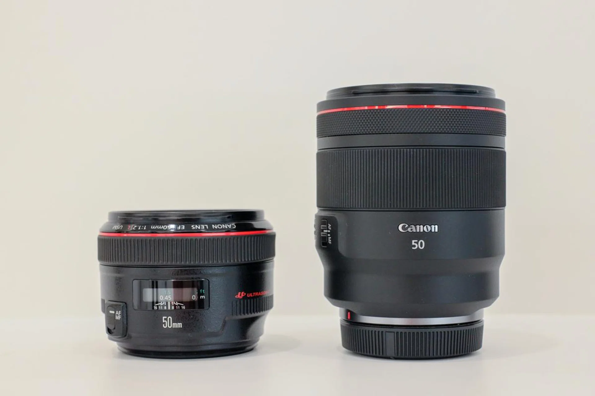 The 50mm f/1.2 EF lens (left) and the new 50mm f/1.2 RF lens (right).