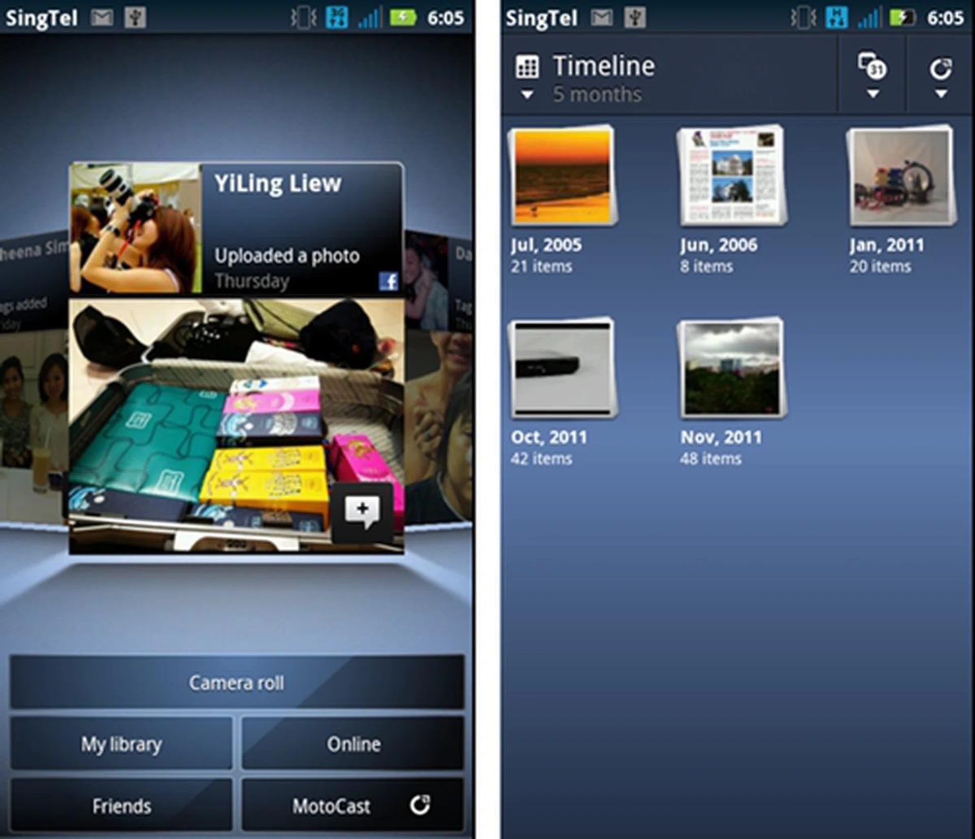 If you have already hooked up your Facebook account under the Social Networking app, photos taken by your friends can be easily viewed in the Gallery app (left).  Otherwise, you can choose to click on the MotoCast symbol to access your synced MotoCast content as seen on the right screen shot.