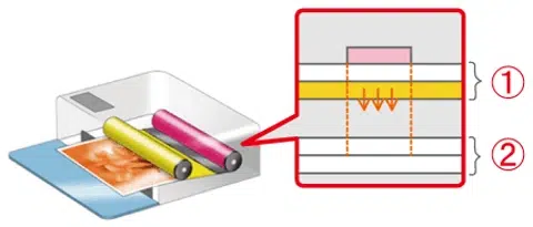 Here's a graphical representation of how a dye-sub printer prints.
1: Ink Film
2: Paper
(Source: Canon Singapore)