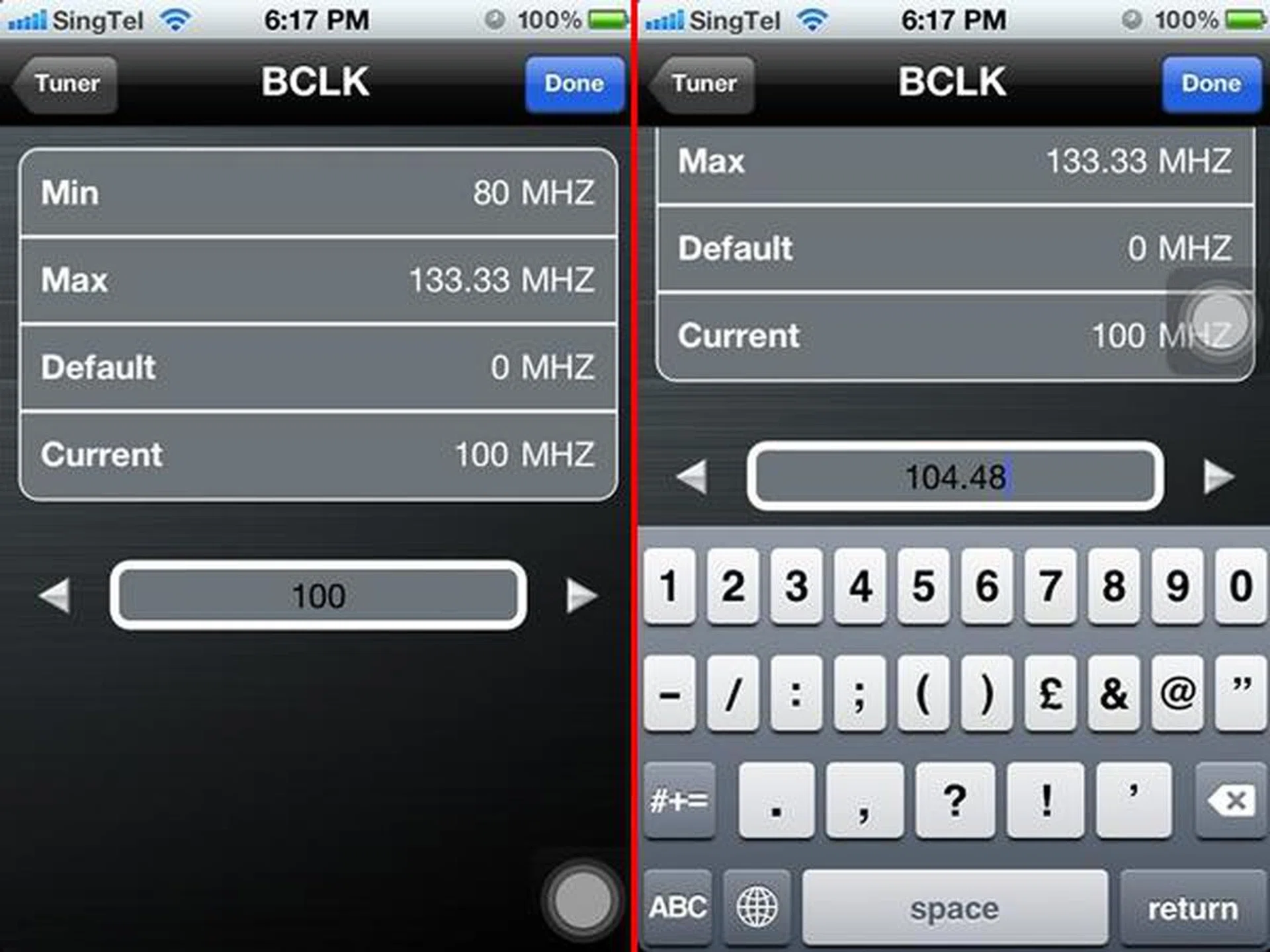 In this instance, we chose to edit the BLCK value from 100MHz to 104.48MHz. It involved selecting the field and using the iOS keyboard to enter the value manually. Perhaps a scroll wheel for the numbers would be more user-friendly?