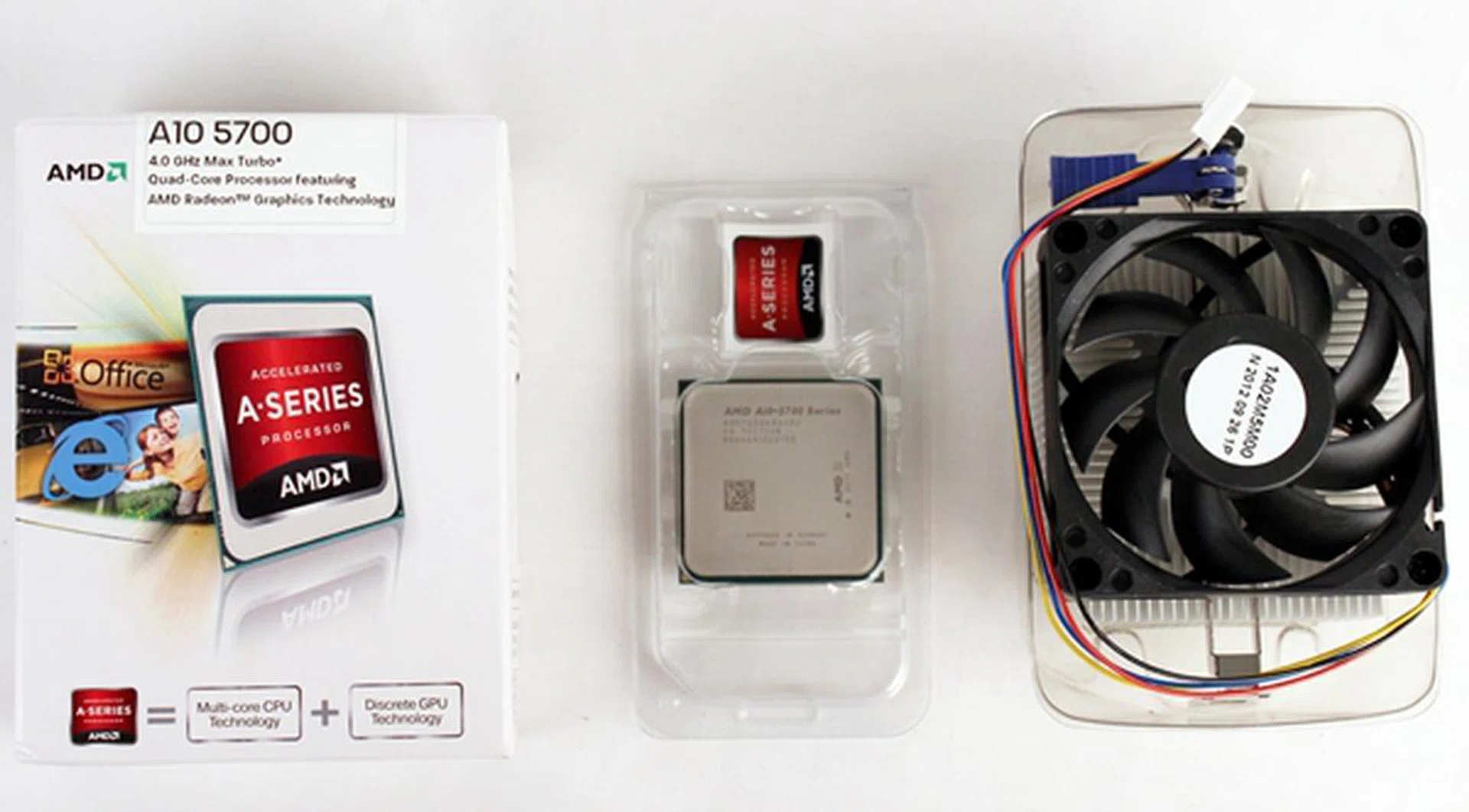 Like most of the other Trinity APUs, the A10-5700 comes in a compact retail package, together with a CPU cooler and a sticker that boasts of the APU's Trinity lineage.