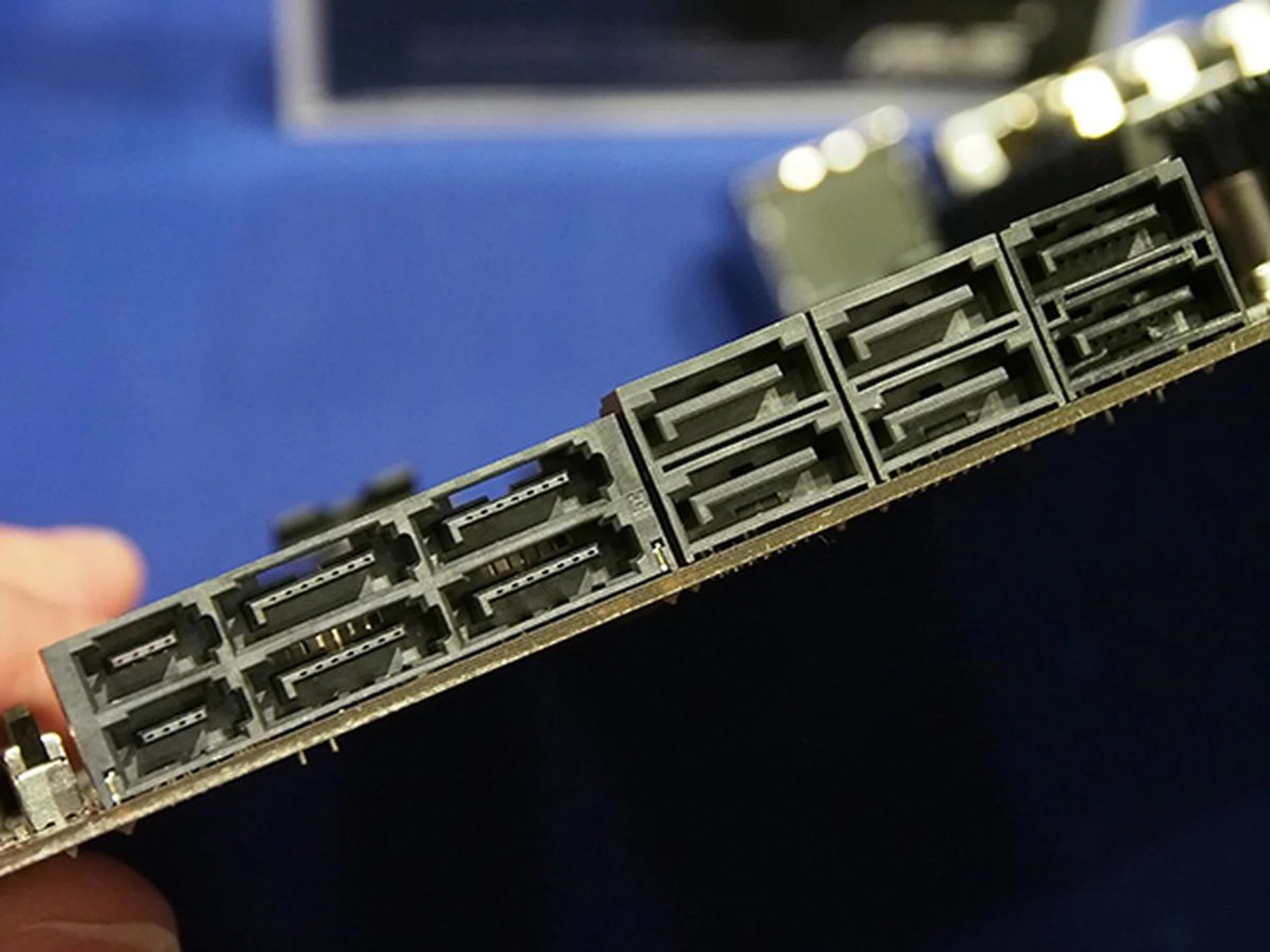 SATA Express ports (left) are shown here with regular SATA ports. A SATA Express port consists of two regular SATA ports with an additional connector for PCIe.