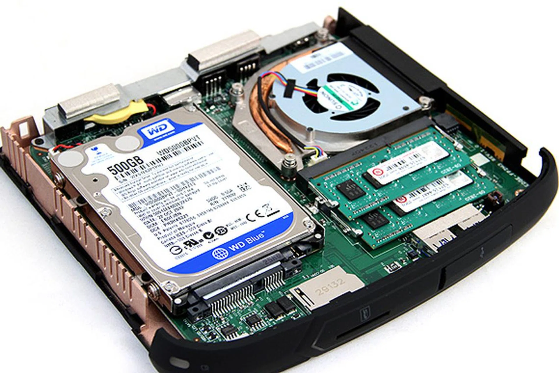 As you can see, the hard disk takes up bulk of the space. The processor is top-right under the blower-style cooler. Just south of the processor is the memory. If you buy the barebones edition of the system, you'll have to install your own storage and memory - none will be supplied.